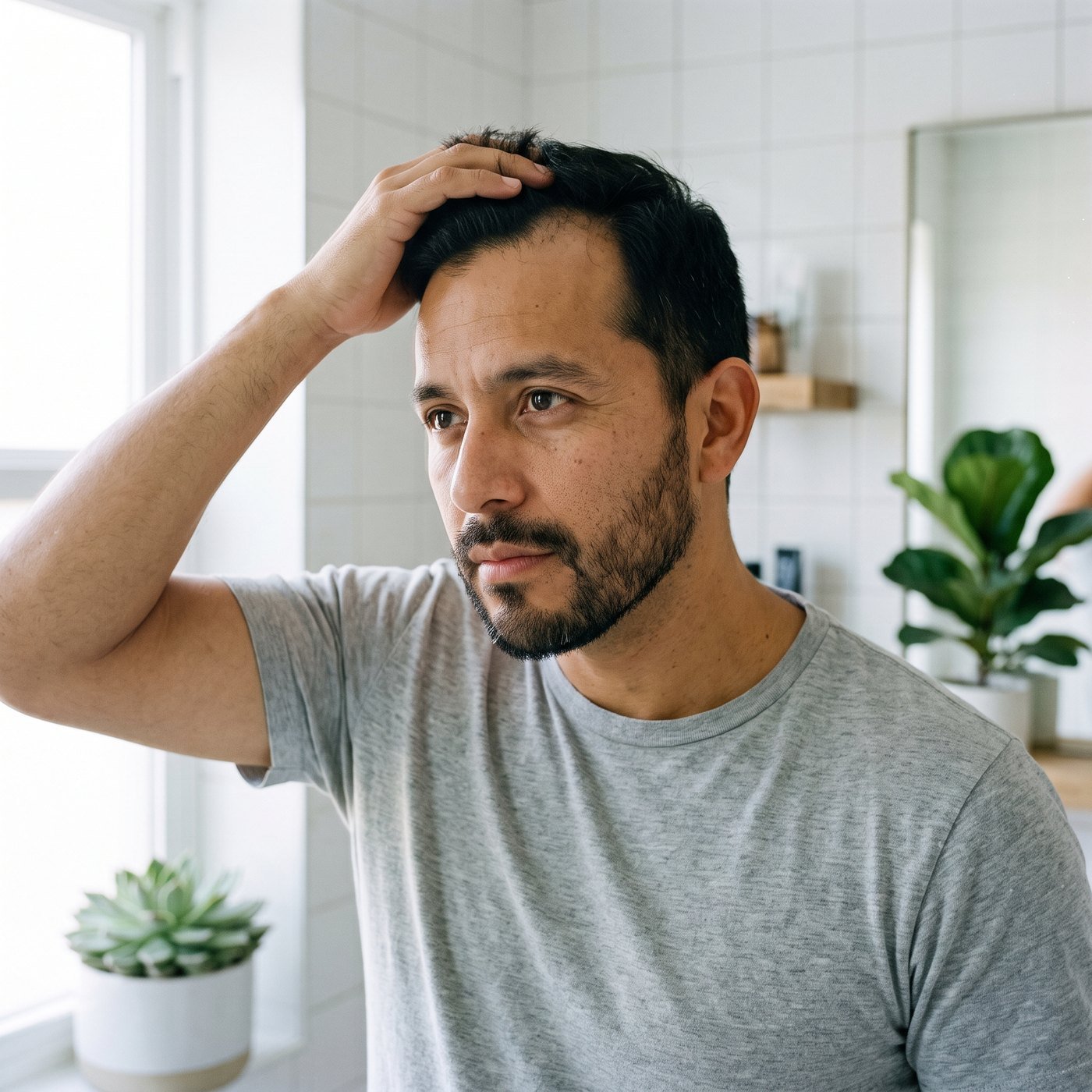 Hombre revisando la línea de su cabello